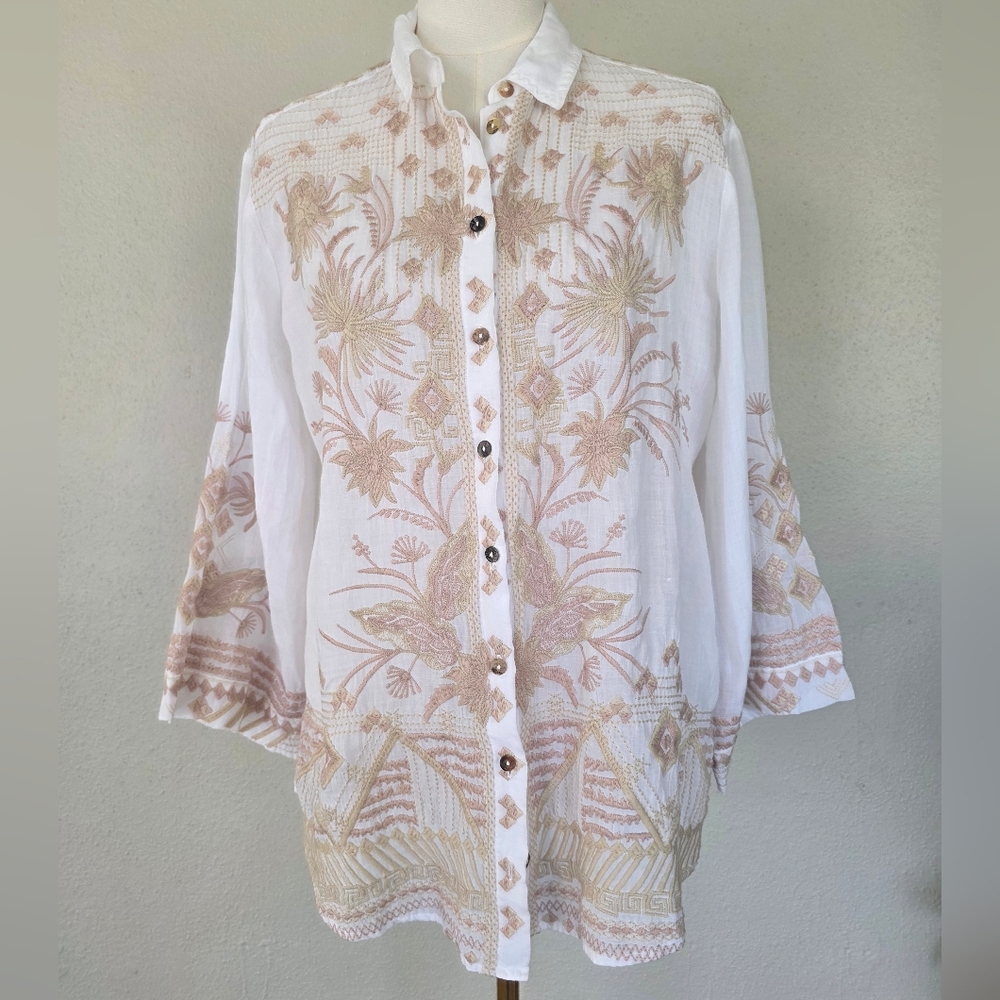 Johnny Was Talia Embroidered Ramie Blouse White Tonal Boho Bell Sleeve S - Picture 15 of 16